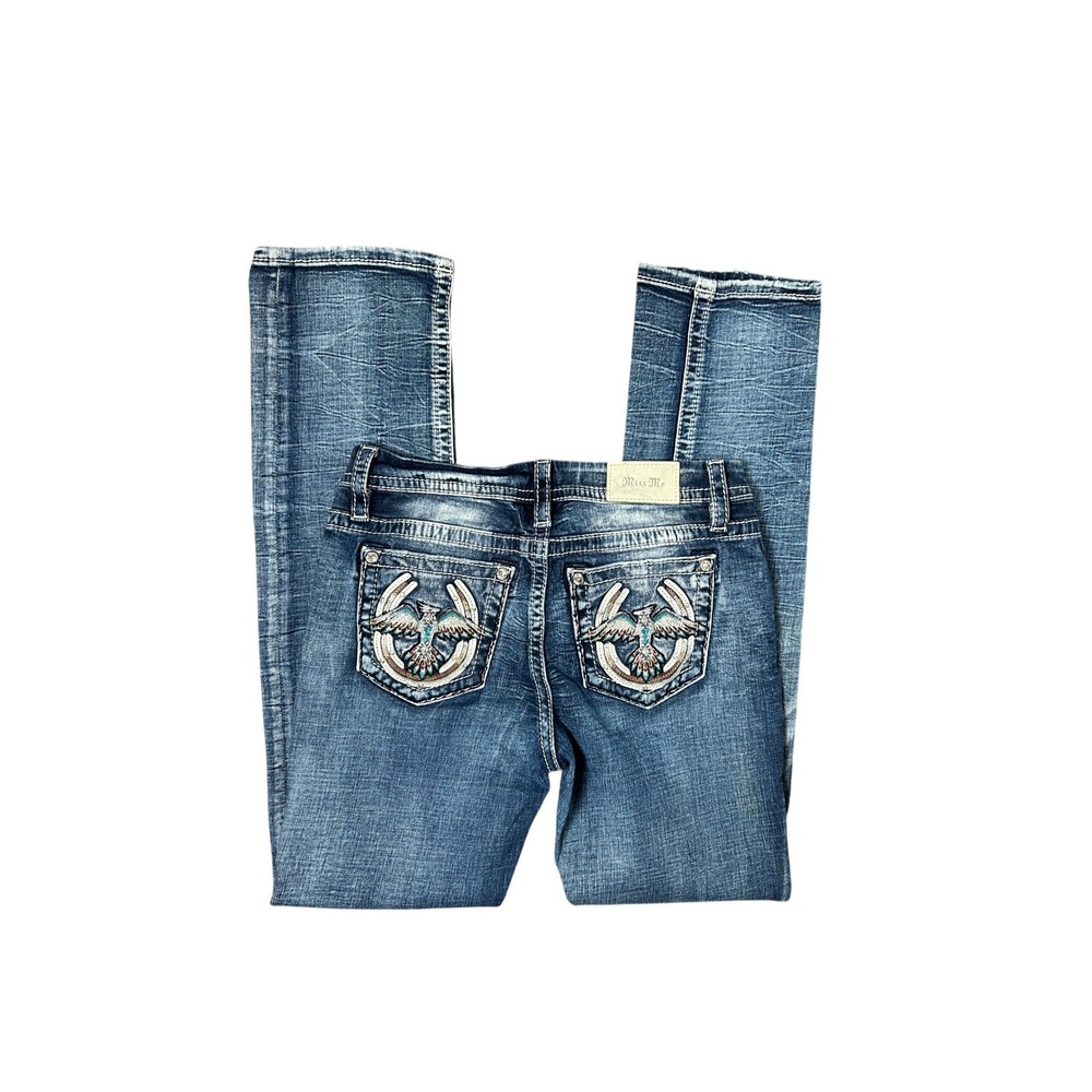 Miss Me Mid-Rise Straight Jeans 28 Eagle Turquoise Horseshoe Rhinestone Denim